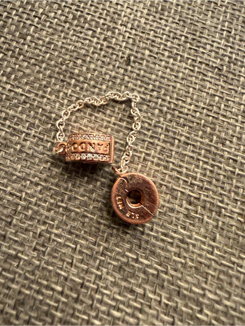 Pandora Rose Gold Pavé Barrel Charm Safety chain